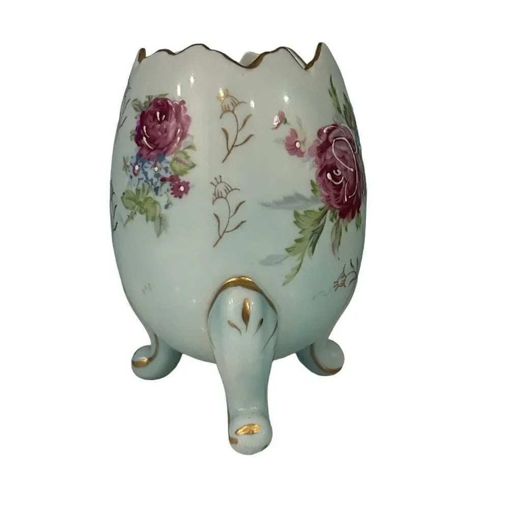 Vtg Napcoware Cracked Egg Porcelain Vase Medium Multi Floral Gold Trim Footed
